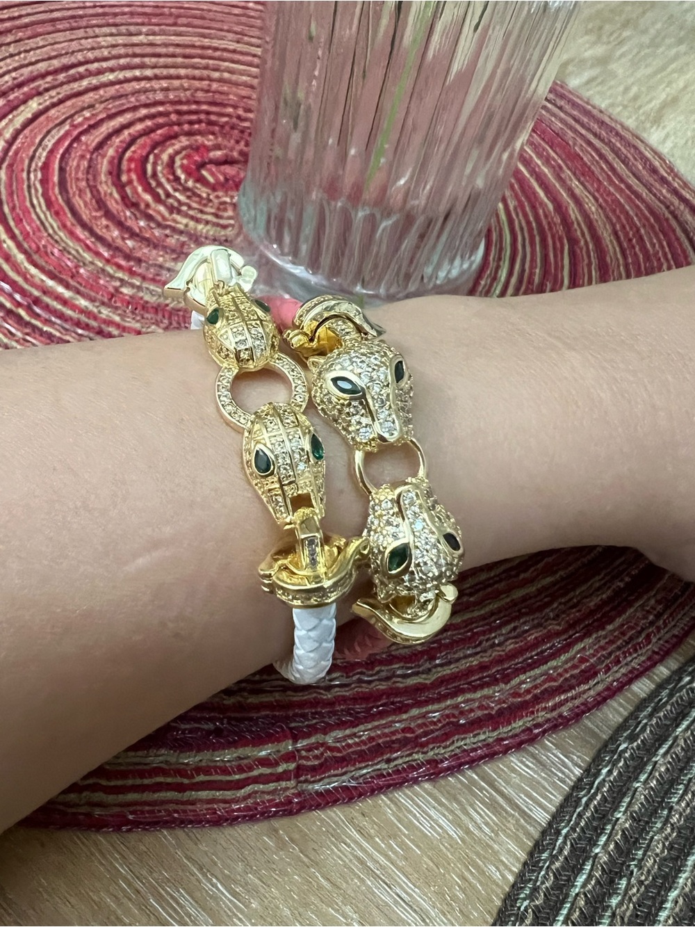 Gold Panther Bracelet Set – White & Pink Braided Leather